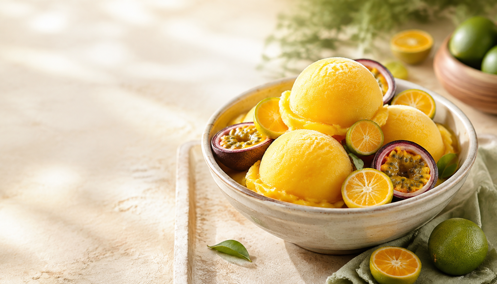 Kalamansi-Passionsfrucht-Sorbet mit frischen Früchten